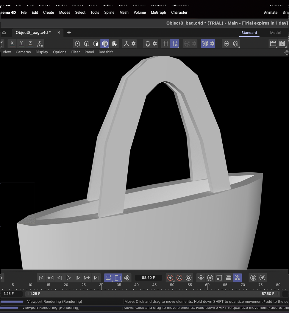 Image of experimentation in C4D, modelling the basic shape of the bag starting with a cylinder as the base and using symetry to match the handle.