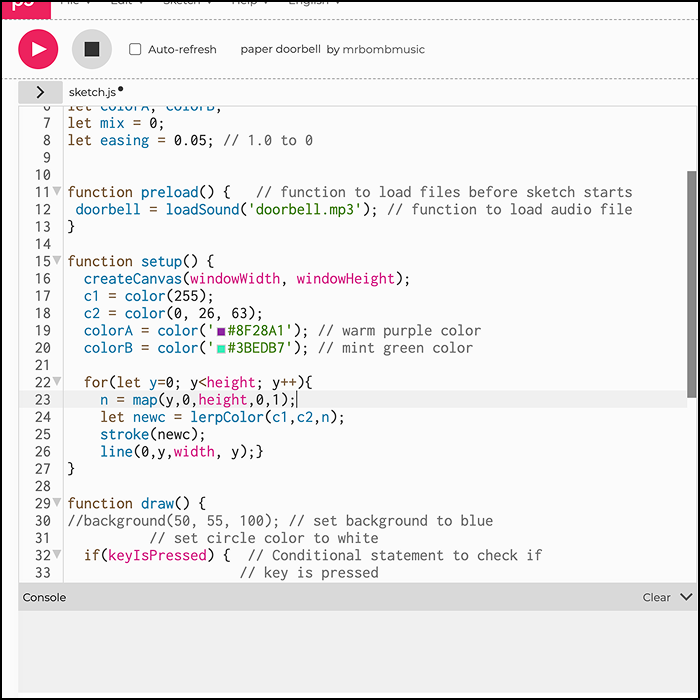 Code shown on how to make the gradient background using lerp() as the range of parameters